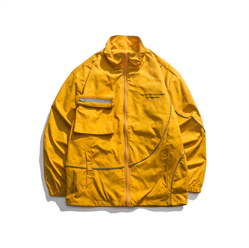 Yellow Varsity Jacket Autumn Stand Collar Jacket Loose Casual Long Sleeves Coat All-Matching Top for Men