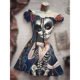 Skull Dress Digital Printing Drawstring Short Sleeve Dress Autumn
