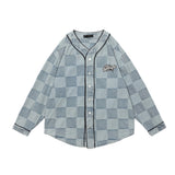 Men Denim Coat Jean Jackets Letter Print Plaid Denim Jacket Men's Washed Loose V-neck Cardigan Denim Jacket