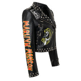 Women Leather Jacket Biker Motorcycle Coat Printed Contrast Color Jacket Motorcycle Leather Coat Female Suit Collar Coat