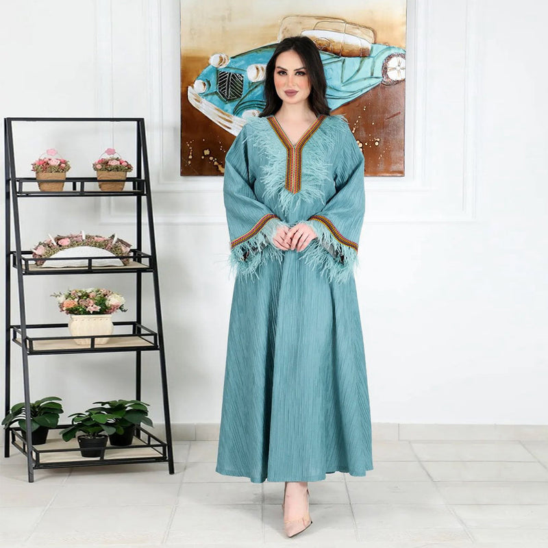 Nina Parker Black Dress Ribbon Feather Pleated Dress Muslim Robe