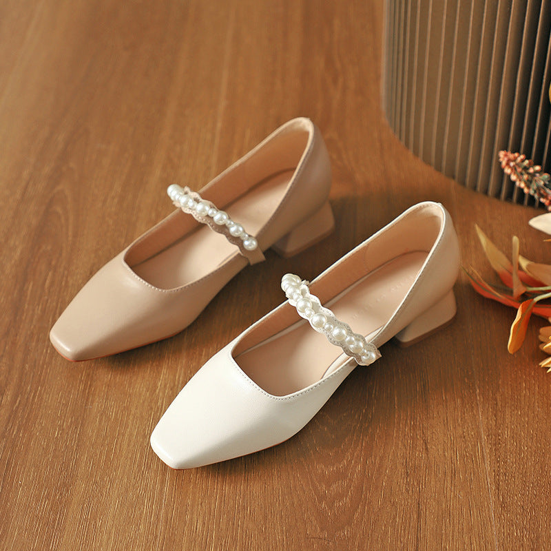 Nude Block Heels Closed Toe Pearl Shoes Autumn Fashion