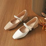 Nude Block Heels Closed Toe Pearl Shoes Autumn Fashion