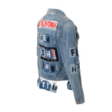Patchwork Denim Jacket Spring and Autumn Letter Denim Jacket Trendy Punk