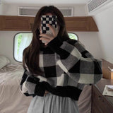 Preppy Aesthetic Sweater Women's Autumn Plaid Crew Neck Long Sleeve Pullover Sweater Women