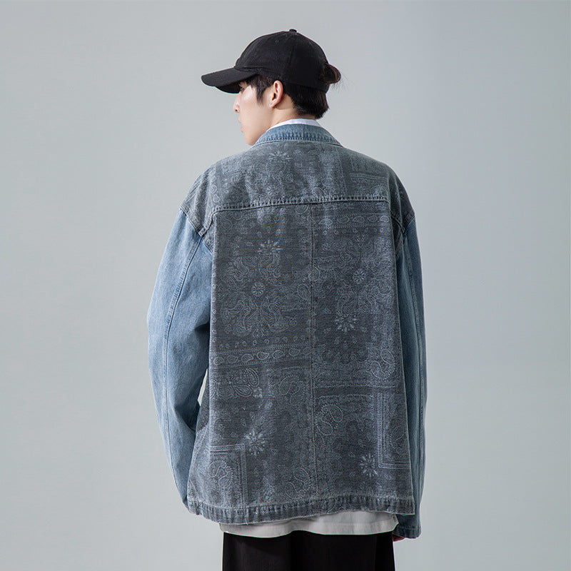 Denim Varsity Jacket Paisley Back Patterned Denim Jacket Male Student Workwear Jacket