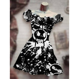 Skull Dress Digital Printing Drawstring Short Sleeve Dress Autumn
