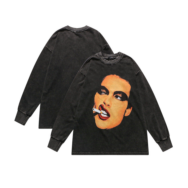 Mens Fall Outfits Distressed Rock Head Print Long-Sleeved T-shirt Men 'S And Women 'S Oversize Loose Couple Sweater