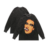 Mens Fall Outfits Distressed Rock Head Print Long-Sleeved T-shirt Men 'S And Women 'S Oversize Loose Couple Sweater