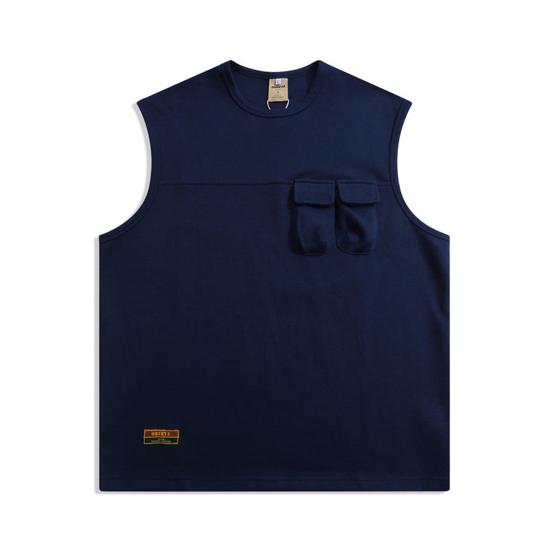 Men Sweater Vest Solid Color Pocket Decorative Vest T-shirt Men's Loose round Neck Waistcoat Vest Sleeveless T-shirt