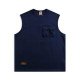Men Sweater Vest Solid Color Pocket Decorative Vest T-shirt Men's Loose round Neck Waistcoat Vest Sleeveless T-shirt