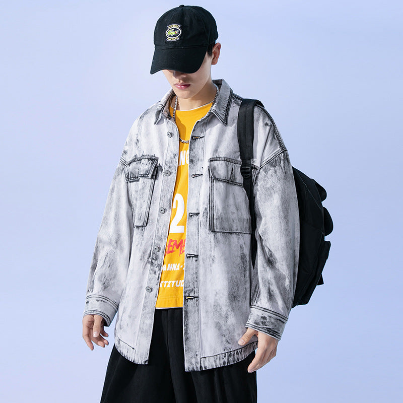 Denim Varsity Jacket Spring Loose Washed-out Vintage Denim Jacket Men's Business Shirt Jacket