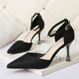 Nude Block Heels Closed Toe Sandals Rhinestone Women's Shoes