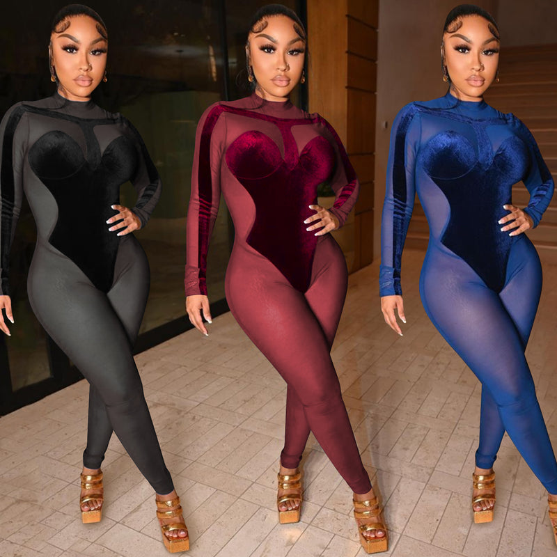 Party Pants Suits Sexy Tight Sheer Long Sleeve Trousers Jumpsuit for Women