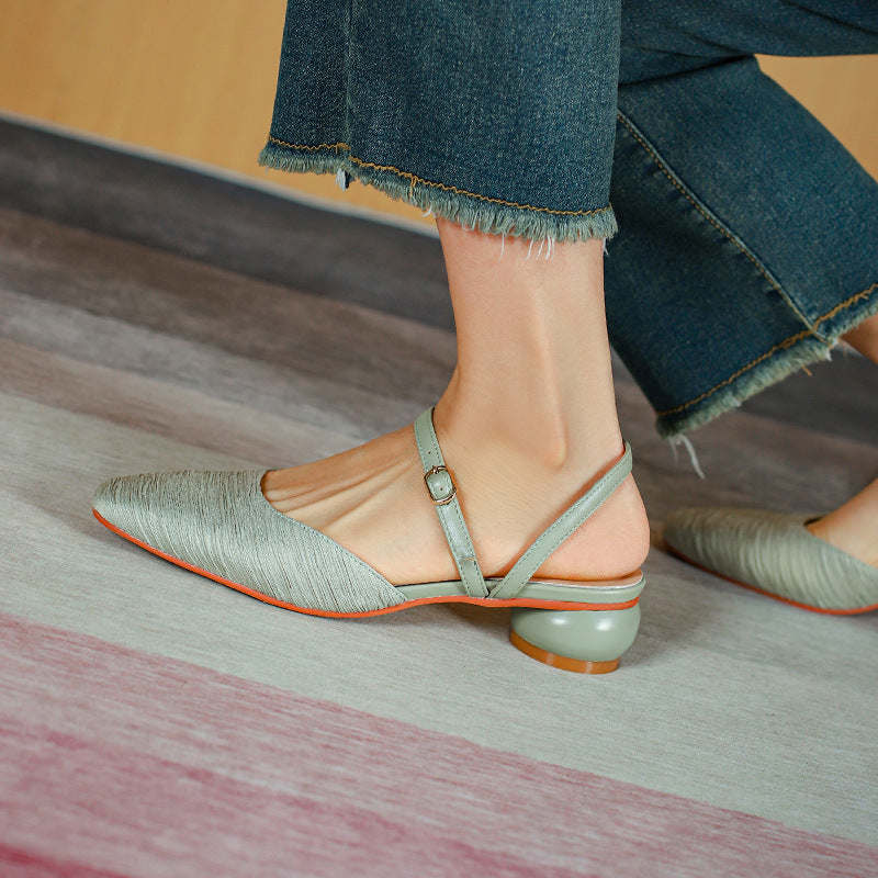 Nude Block Heels Closed Toe Spring Pearl round Toe Women's Shoes