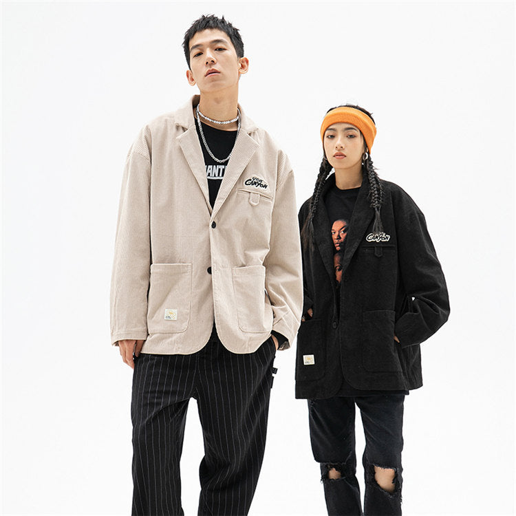 Corduroy Varsity Jacket Autumn Coat Vintage Loose Comfortable Corduroy Embroidered Suit Jacket for Men
