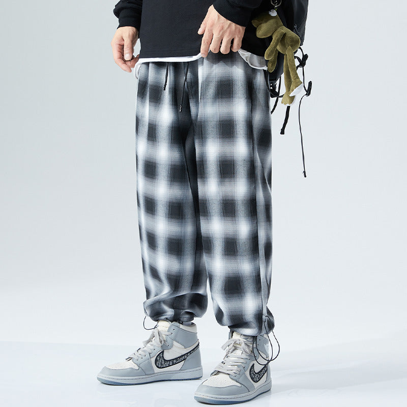 Men Pants plus Size Black Gray Plaid Sports Casual Straight Trousers