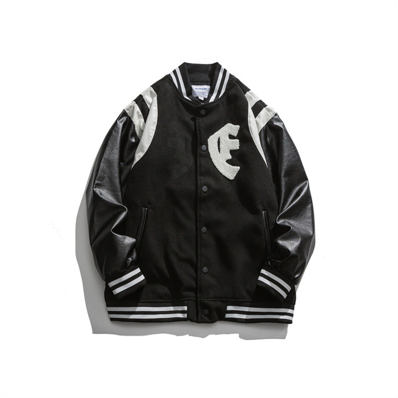 Black Varsity Jacket Autumn Baseball Uniform Stitching Loose Couple Coat Men