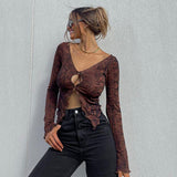 90S Outfits Summer Retro Style Deep V-neck Long Sleeve Sexy Cropped Top for Women