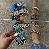 Women Open Toe Sandals Flats Summer Snake Pattern One-Word Metal Chain Sandals for Women