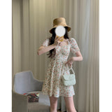 Aesthetic Dress Spring/Summer Gentle Floral Skirt Elegant Dress Women's Square Collar High Waist