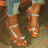 Women Open Toe Sandals Flats Large Size Summer Flat Diamond Sandals Buckle Fashion Women