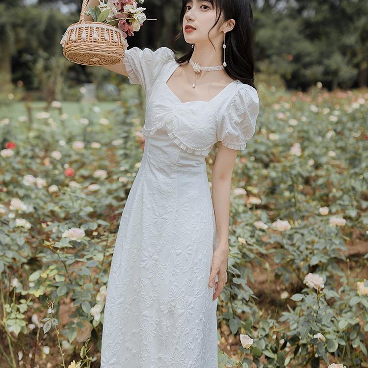 Women Retro Cottagecore Vintage Dress Retro Square Collar High Waist Slimming White Corset Mid-Length Dress Summer