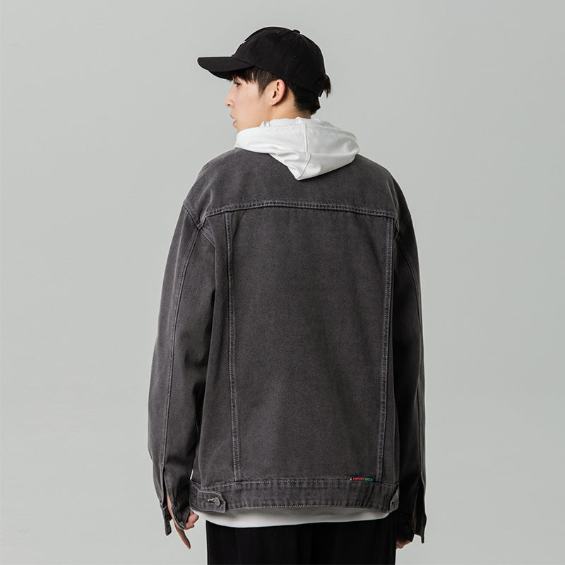 Denim Varsity Jacket Street Retro Loose Denim Jacket Men's Autumn and Winter New Washed Jacket