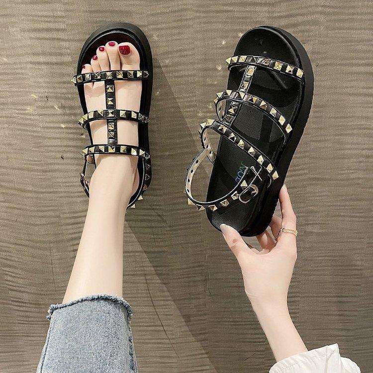 Women Open Toe Sandals Flats Summer Fashion Rivet Buckle Casual Sandals