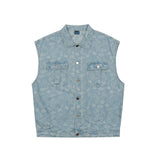 Men Sweater Vest Retro Washed Paisley Embroidered Denim Vest Men's Loose Lapels Sleeveless Jacket