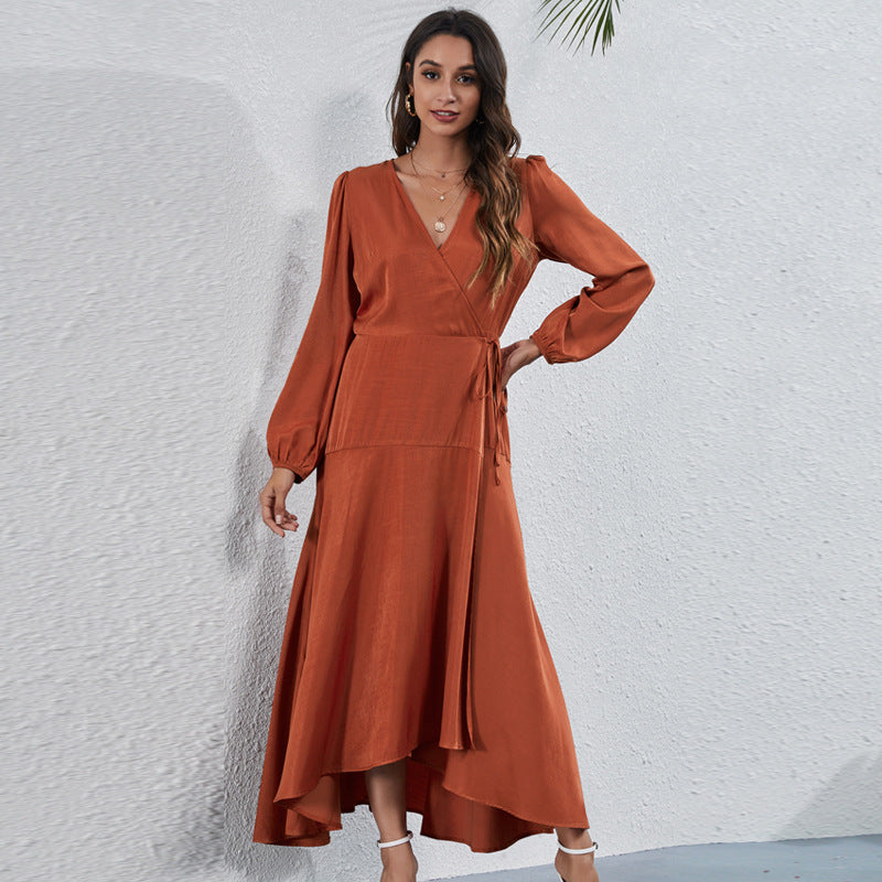 Burnt Orange Dress Autumn V-neck High Waist One Piece Fashion Irregular Dress