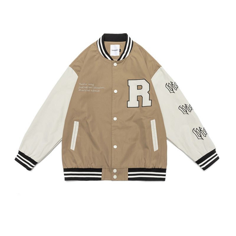 Brown Varsity Jacket Autumn Retro Patchwork Embroidered Baseball Uniform Jacket Men's Jacket Casual