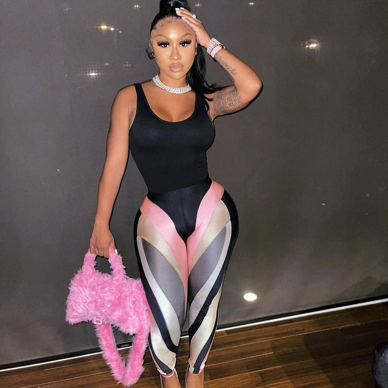 Summer Printing Color Contrast High Waist Hip Lift Bodybuilding Sports Trousers Leggings for Women