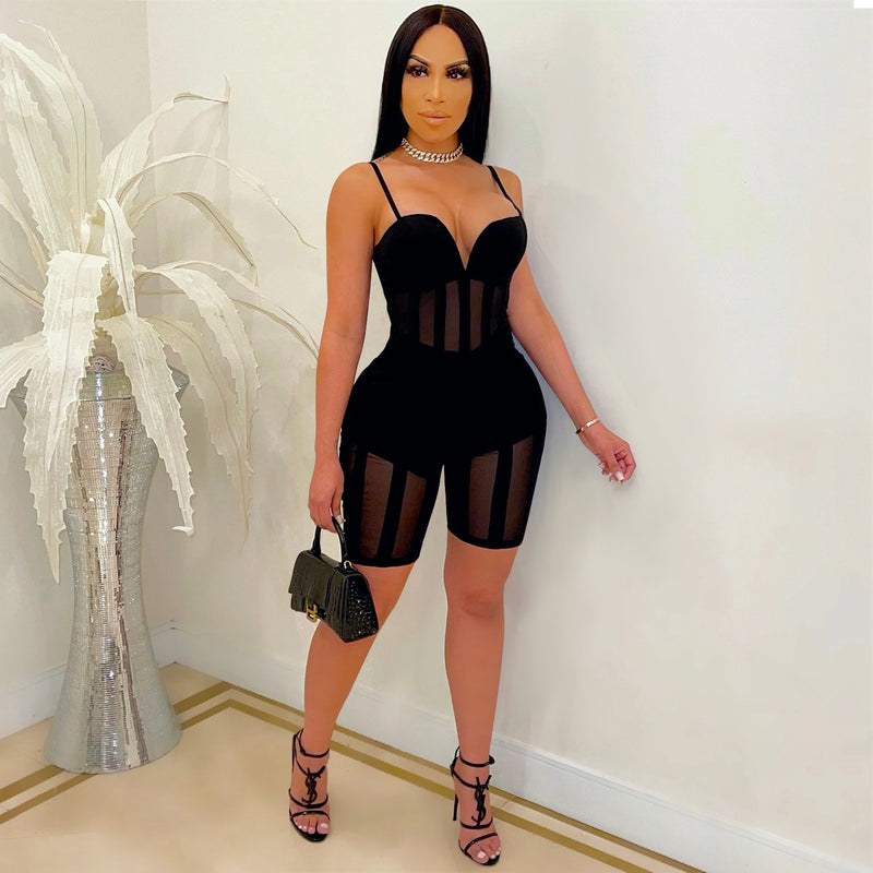 See through Pants Suit Women's Fashion Sexy Suspender Jumpsuit Shorts