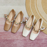 Nude Block Heels Closed Toe Female Spring Shoes Sheep Pattern Metal Chain