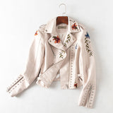 Women PU Leather Jacket Biker Motorcycle Coat Sleeve Zipper Rivet Embroidery PU Leather Motorcycle Clothing Short Coat
