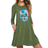 Skull Dress Halloween Skull Print Long Sleeve Slim Dress for Women