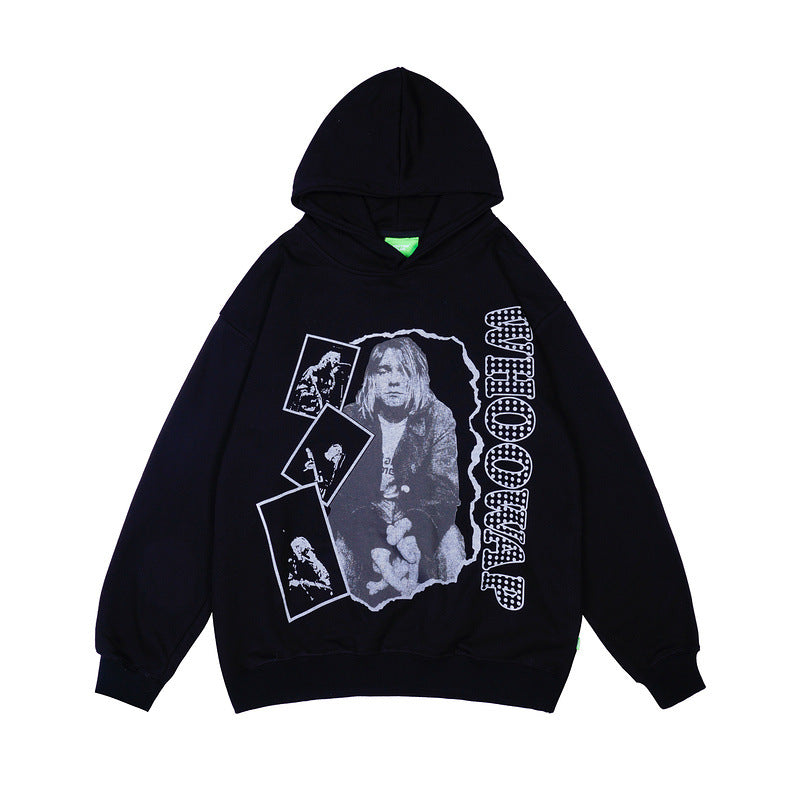Mens Fall Outfits Street Rock Print Worn Looking Washed-out Hiphop Sweater Men's Women's Hoodie Loose Top