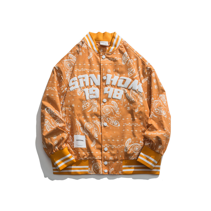 Orange Varsity Jacket Autumn Loose Paisley Jacket
