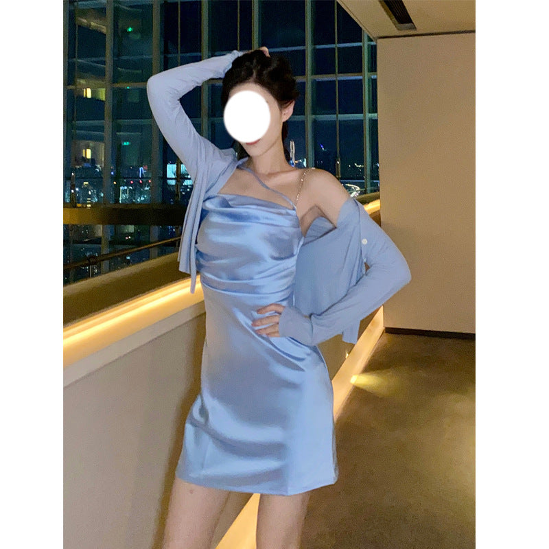 Satin Ice Blue Drill Chain Temperament Camisole Dress for Spring and Summer