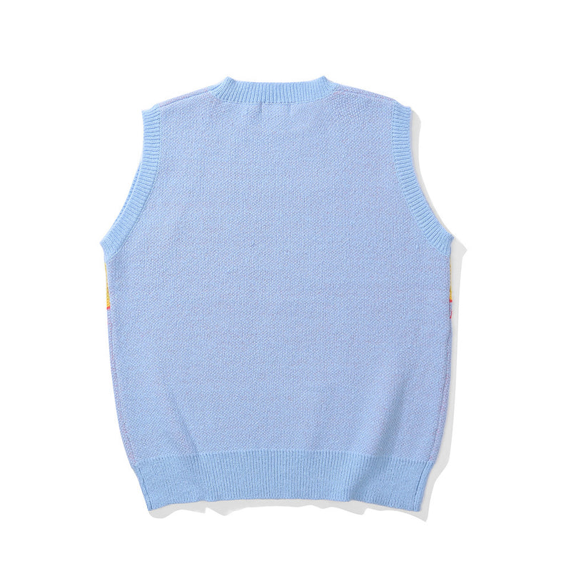 Men Sweater Vest Cartoon Character Jacquard Sleeveless Sweater Vest Men's Loose round Neck Sweater Vest Coat