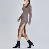 Women Spring Dress Blended Knitted Long-Sleeved Tight Dress Slit Skirt Two-Piece Suit Detachable Design