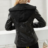 Cute Leather Jacket Hooded Long-Sleeve Zipper Solid Color Jacket Coat for Women