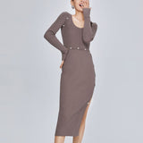 Women Spring Dress Solid Color Long Sleeve Knitted Tight Dress Split Skirt Suit Detachable Design