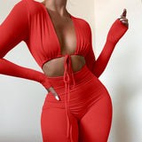 Summer Pure Color Tight Sexy Lace-up Tight Trousers Jumpsuit