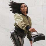 Green Cropped Varsity Jacket Colorblock Baseball Uniform Zip Jacket