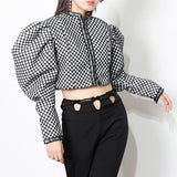 90S Fashion Court Retro Style Autumn and Winter Small Stand Collar Single-Breasted Puff Sleeve Diamond Flocking Short Coat