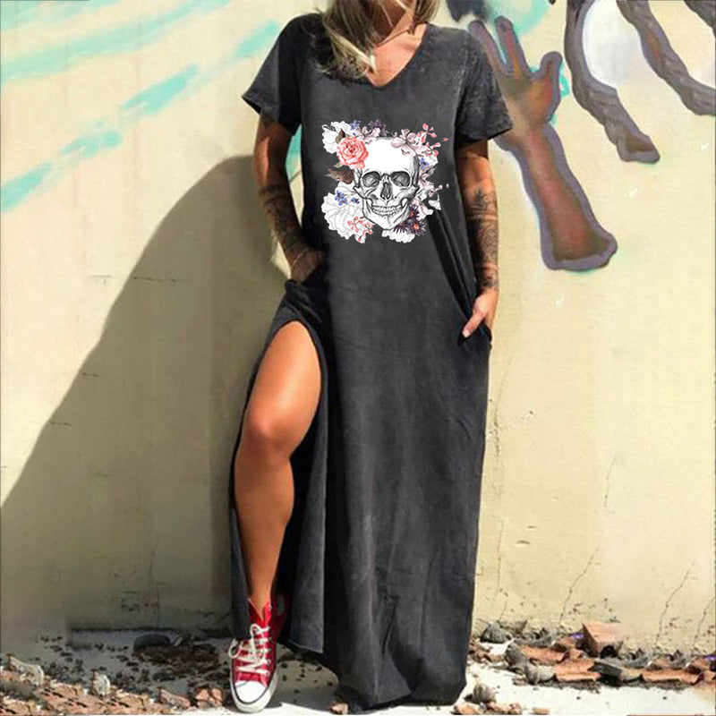 Skull Dress Amoi Printed Street V-neck Fashion Short Sleeve Loose Dress