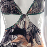 Leaf Print Sleeveless Backless Lace-up Suspender Ankle-Tied Trousers Jumpsuit