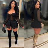 See through Pants Suit Fashion Solid Color Women's Clothing Mesh See-through Chest Wrap Long Sleeve Shorts Two-Piece Set